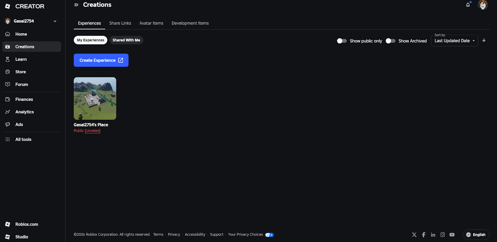 Откройте ваш Place в Roblox Creator