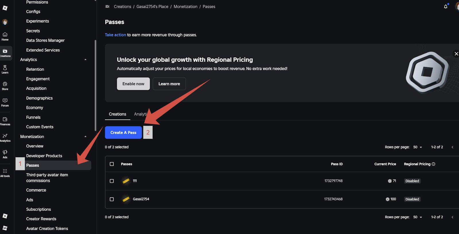 Перейдите в Monetization -> Passes