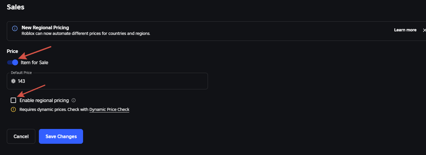 Включите продажу и отключите regional pricing